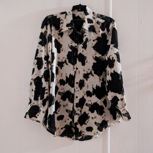 Black and White Patterned Button-Up Shirt Cow Print